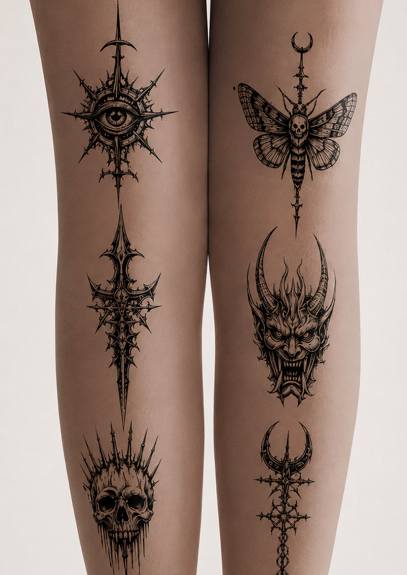 Nude Gothic Blackwork Tattoo Print Tights H68-14