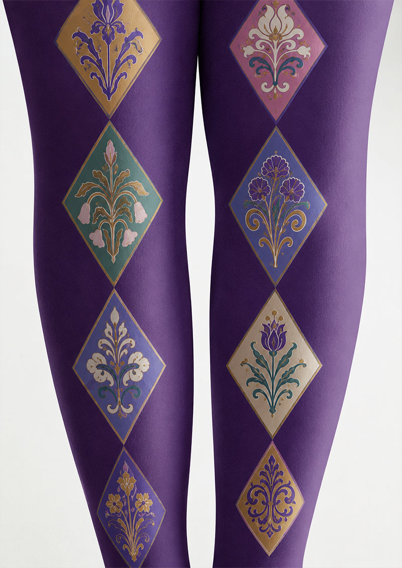 Purple Floral Diamond Tights Floral Patterned Pantyhose H68-32
