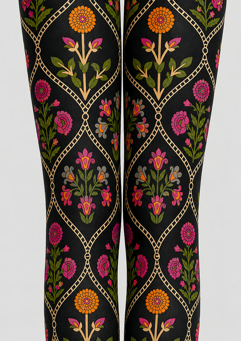 Folk Art Floral Tights Black Patterned Pantyhose L68-106