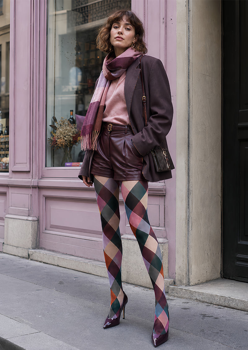 Multicolor Diamond Geometric Patterned Tights L68-19