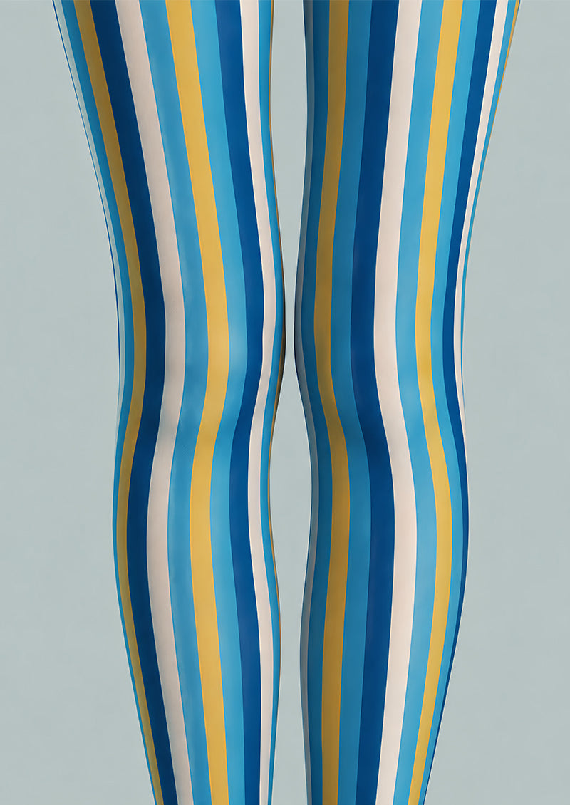 Blue Yellow Striped Pantyhose Colorful Preppy Tights L68-29