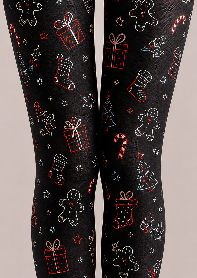 Black Christmas Tights Festive Graphic Pantyhose L68-38