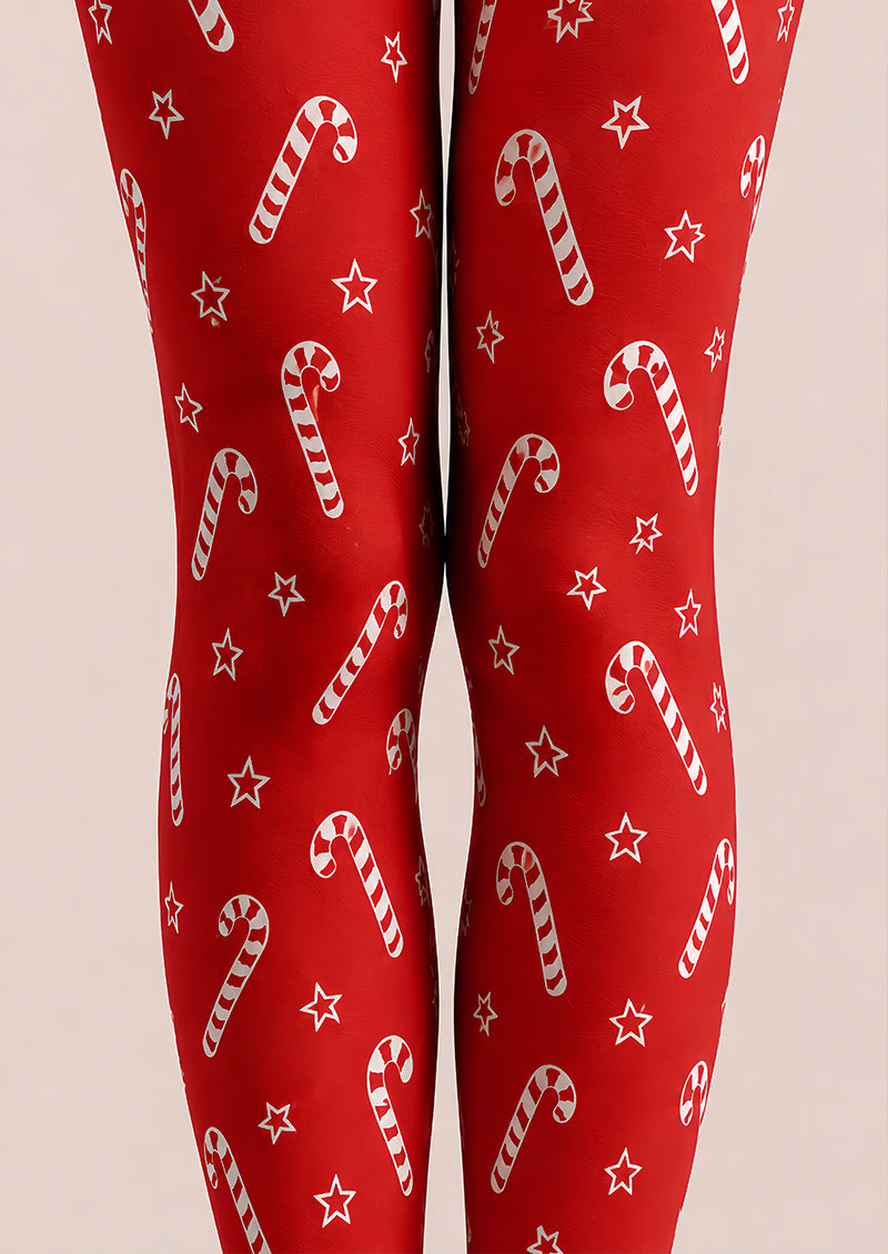 Christmas Red Tights Candy Cane Print Festive Hosiery L68-42