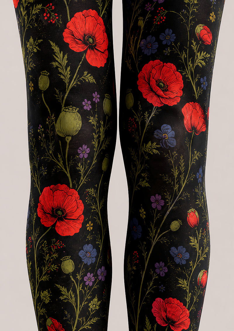Elegant Poppy Flower Tights Women’s Black Hosiery L68-65