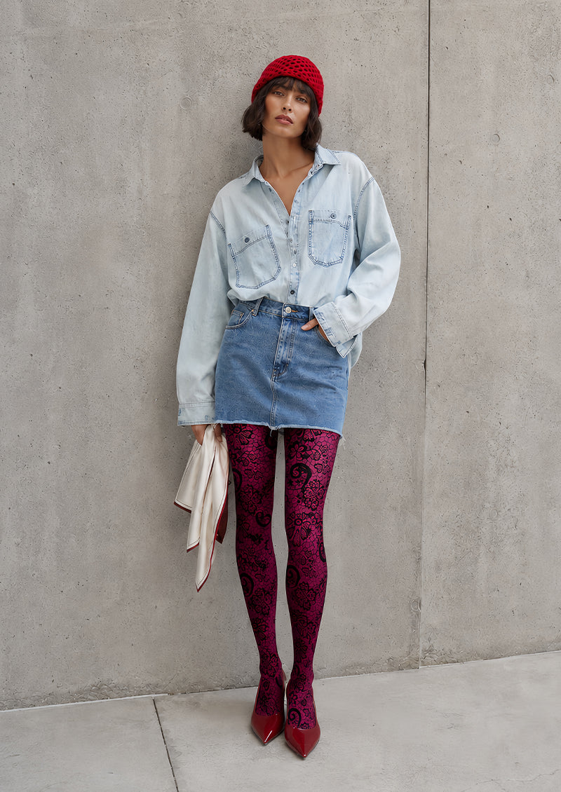Burgundy Lace Tights Black Floral Pattern Hosiery L68-72