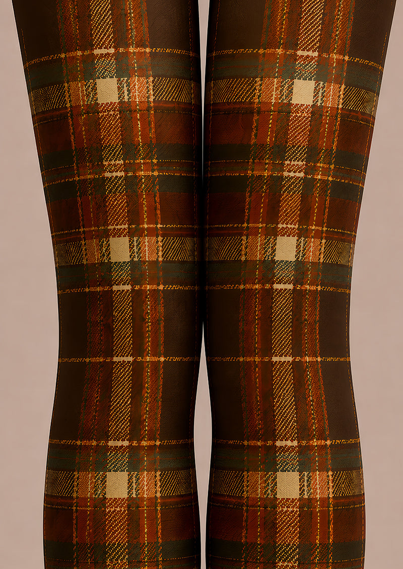 Autumn Brown Plaid Tights Vintage Hosiery L68-75