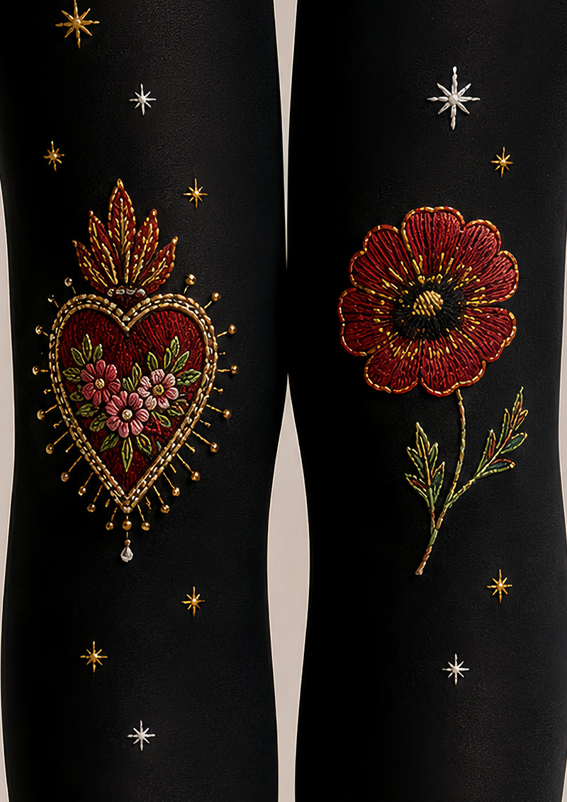 Black Sacred Heart Snake Graphic Pantyhose Tattoo Tights L68-8