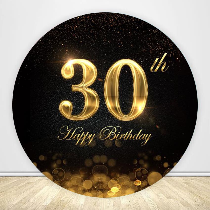 Gold Black 30th Happy Birthday Round Backdrop