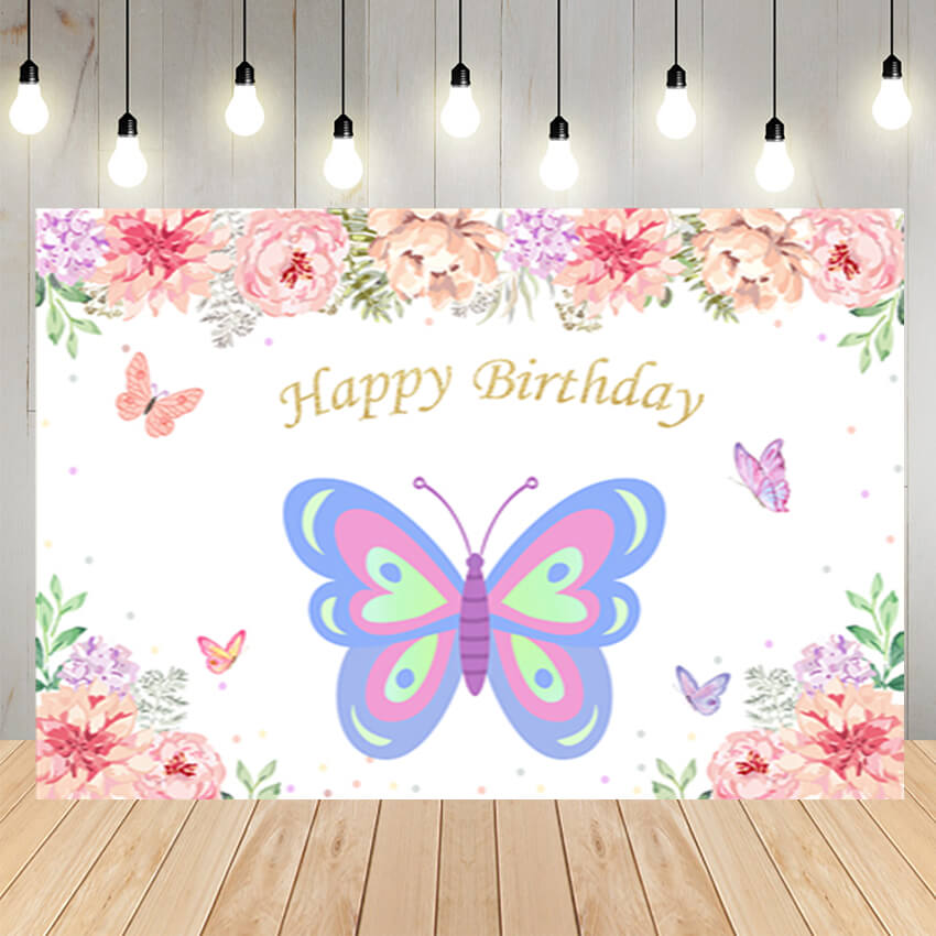 Flowers Butterfly Happy Birthday Backdrop