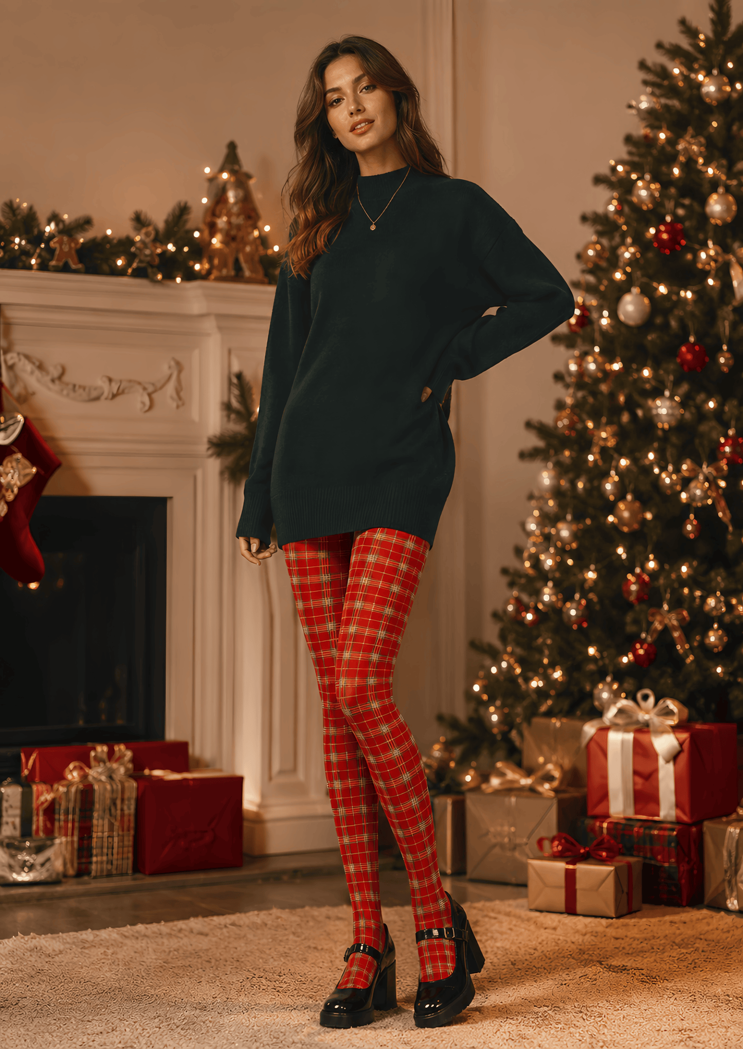 A woman stands in a decorated holiday living room wearing an oversized dark green sweater, red and green plaid tights, and black Mary Jane heels. A Christmas tree, fireplace, and wrapped gifts are visible in the background.