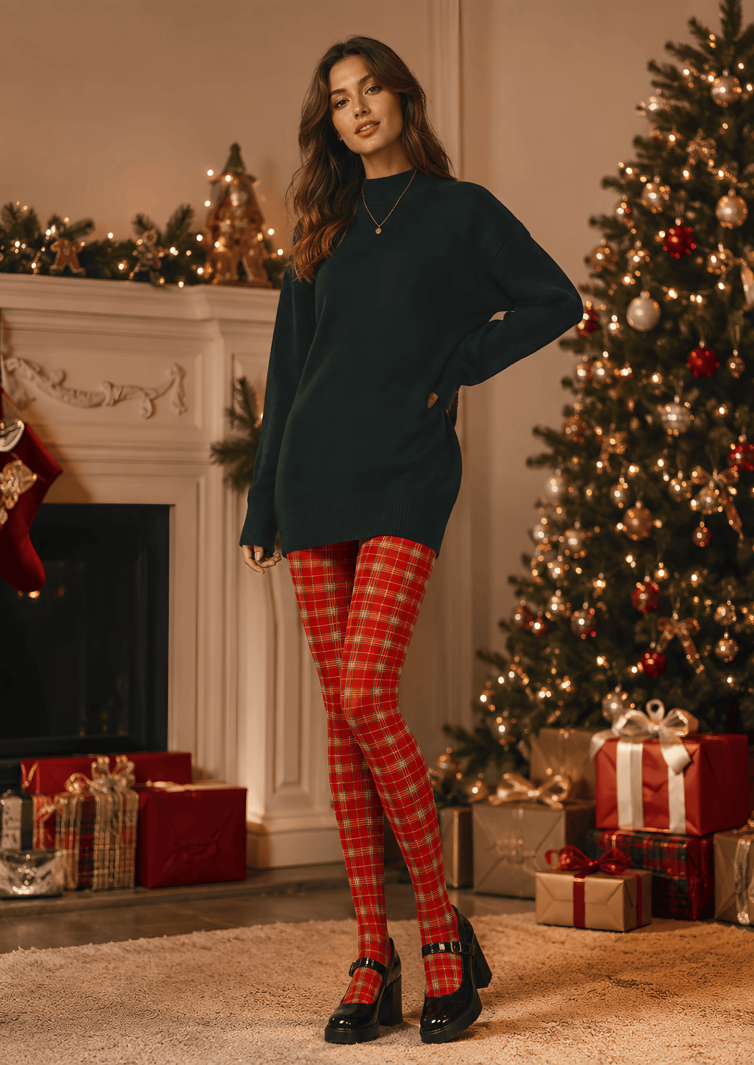 A woman stands in a decorated holiday living room wearing an oversized dark green sweater, red and green plaid tights, and black Mary Jane heels. A Christmas tree, fireplace, and wrapped gifts are visible in the background.