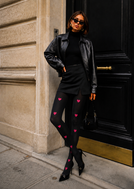 Pink Heart Black Pantyhose Cute Date Night Tights D68-10
