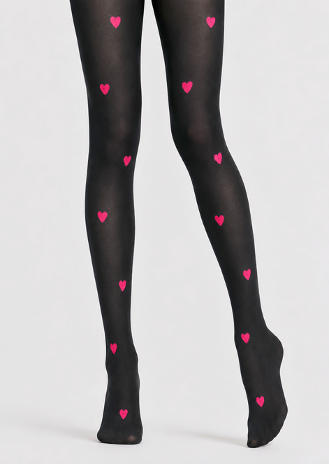 Pink Heart Black Pantyhose Cute Date Night Tights D68-10