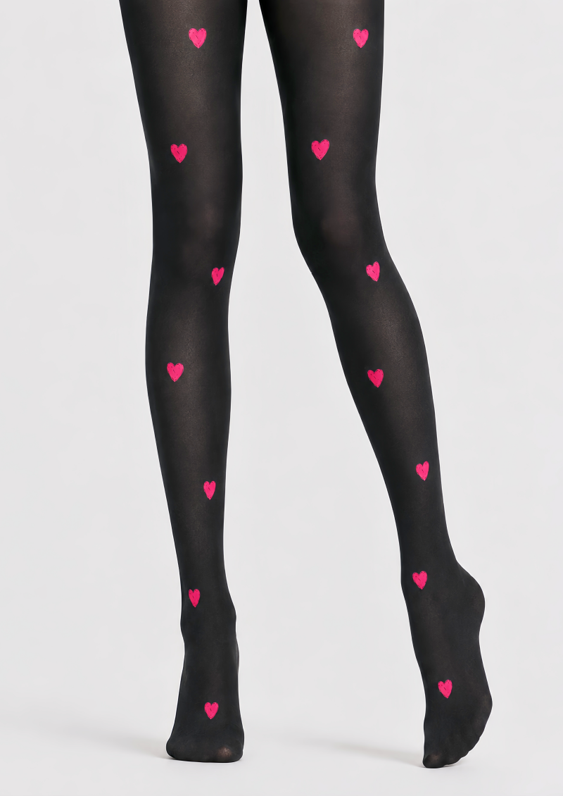 Pink Heart Black Pantyhose Cute Date Night Tights D68-10