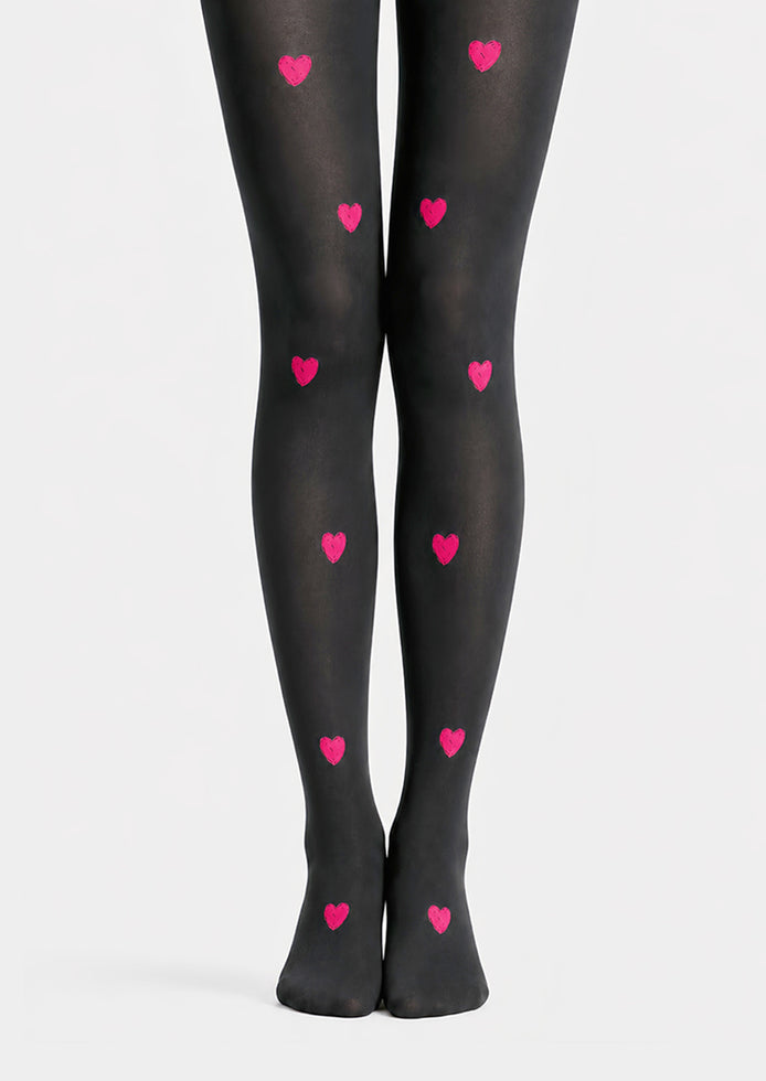 Pink Heart Black Pantyhose Cute Date Night Tights D68-10
