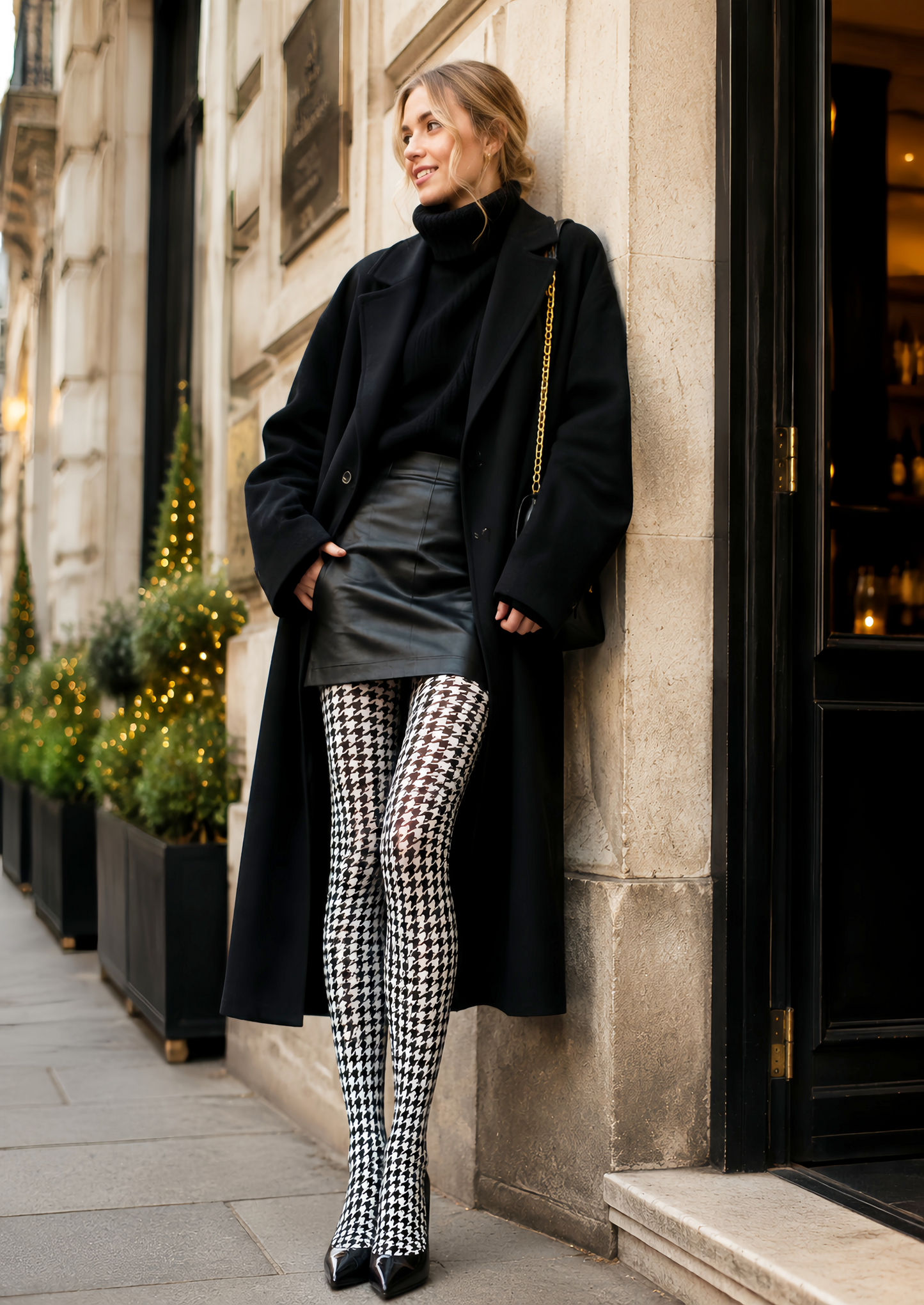Houndstooth Print Tights Black White Patterned Pantyhose D68-11