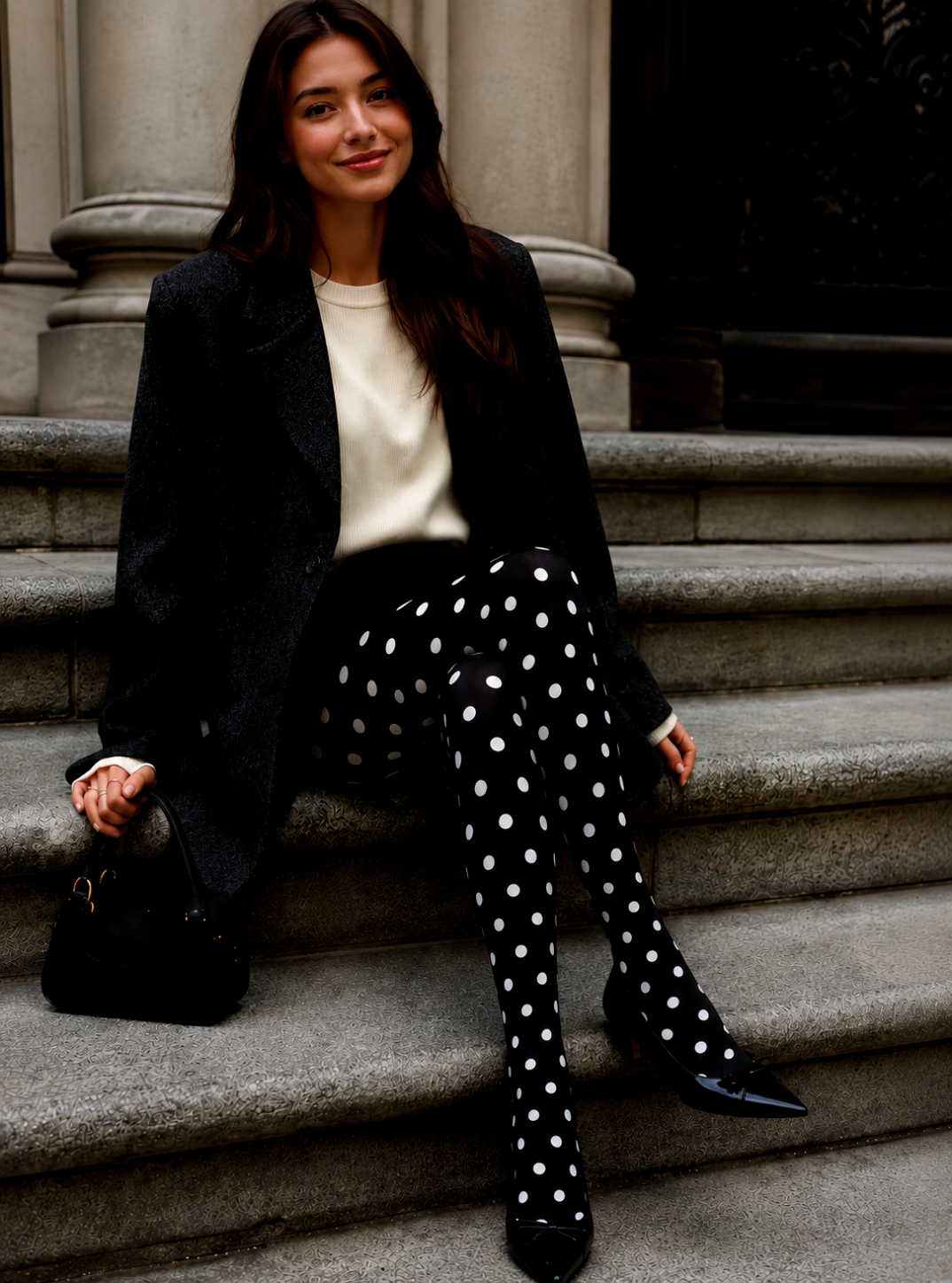 Black White Polka Dot Tights Classic Everyday Hosiery D68-14