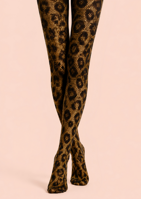 Leopard Print Tights Gold Black Night Out Hosiery D68-16