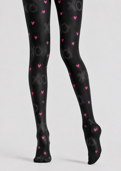 Black XO Heart Tights Valentine's Day Pantyhose D68-7
