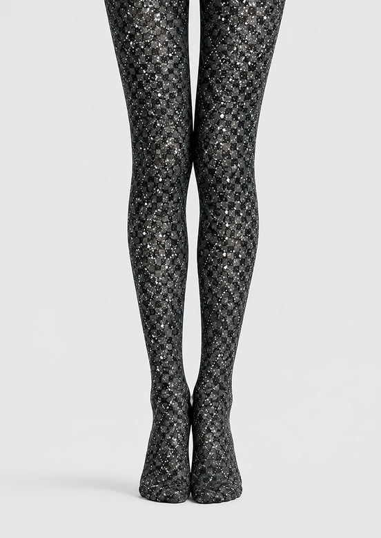 Silver Print Black Tights Night Out Pantyhose D68-8