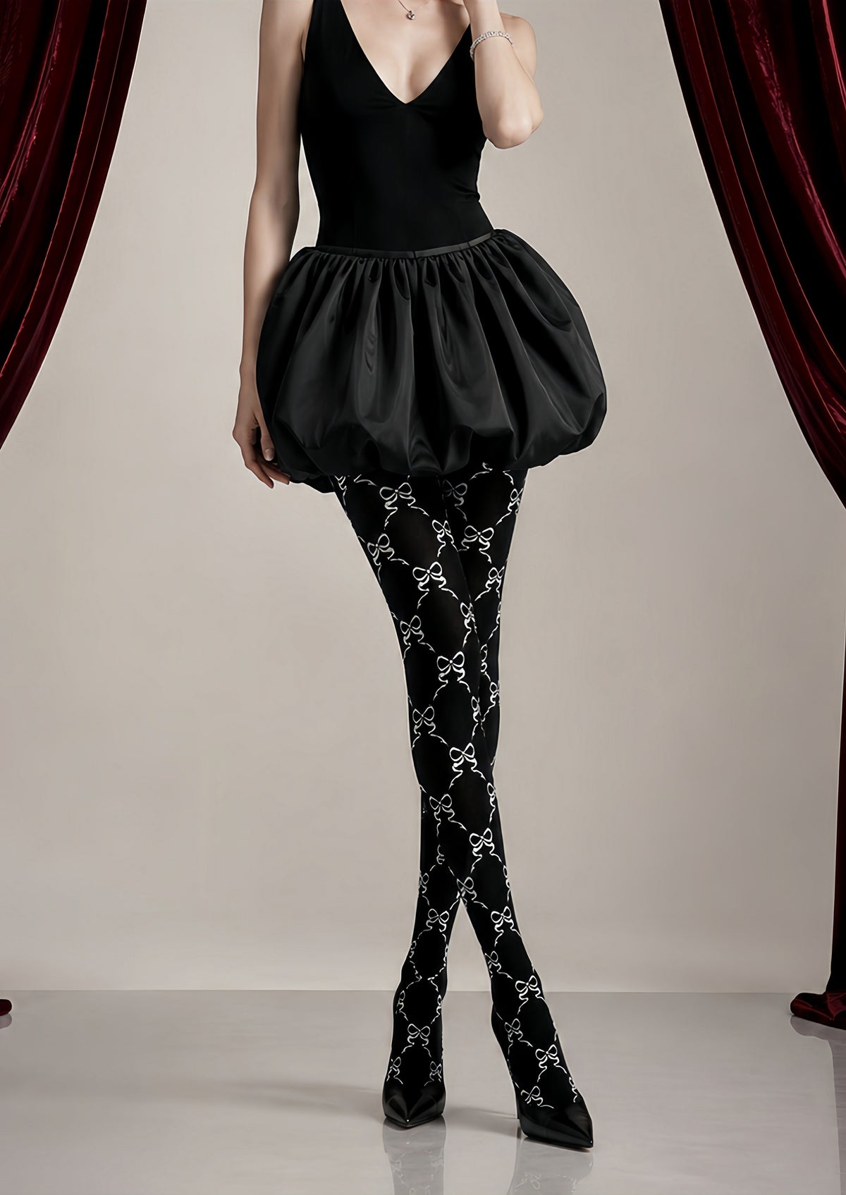 Black White Bow Print Tights Hosiery Pantyhose Z68-4