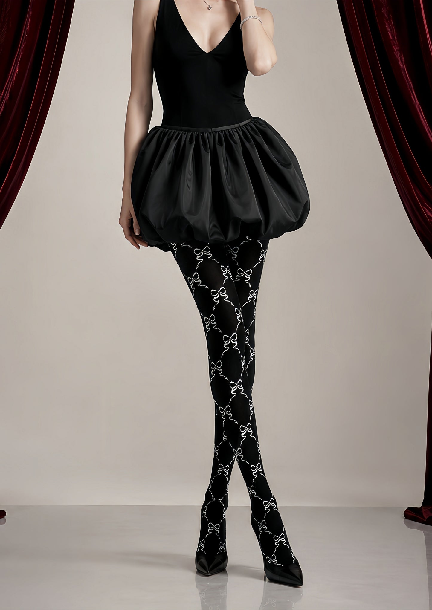 Black White Bow Print Tights Hosiery Pantyhose Z68-4