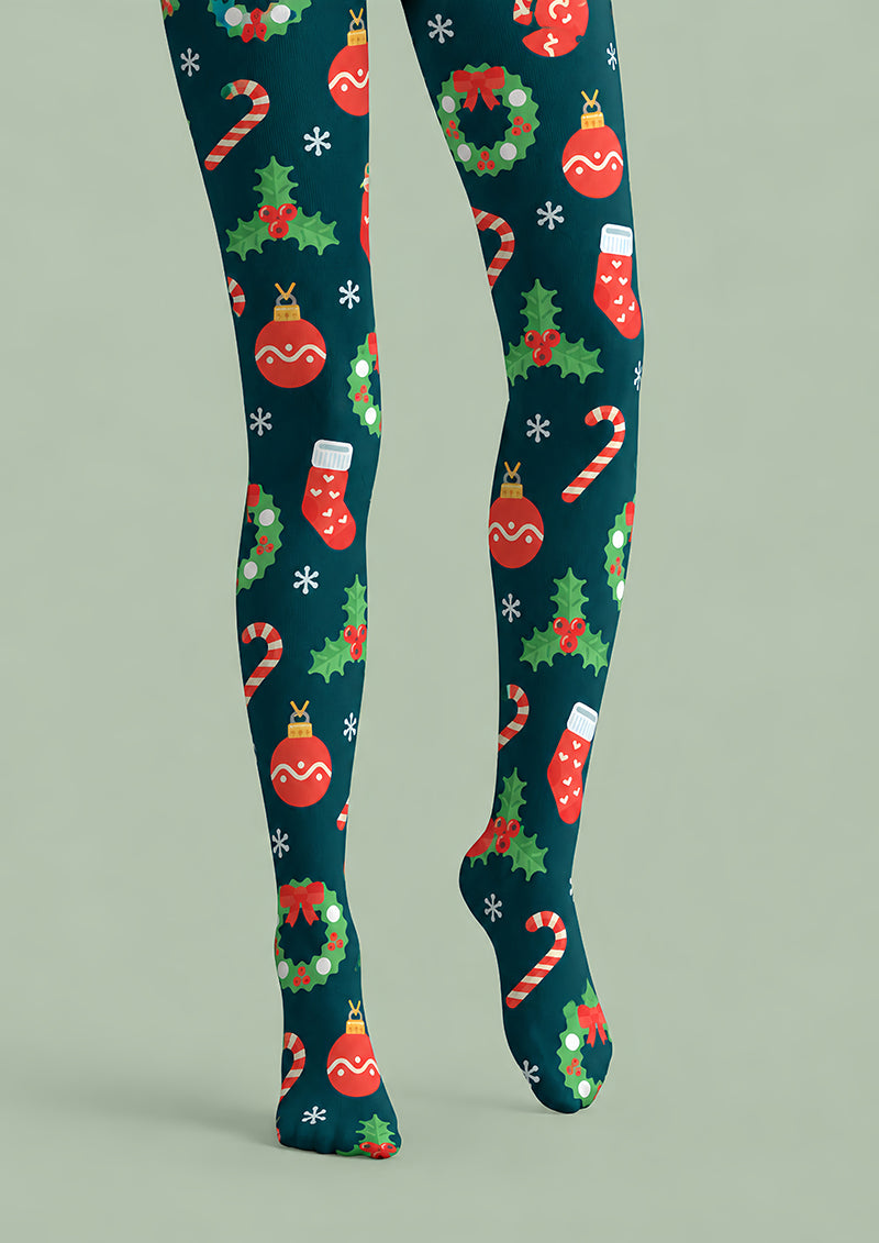 Christmas Bauble Holly Candy Cane Print Tights H610-14