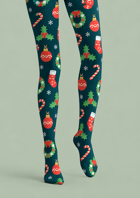 Christmas Bauble Holly Candy Cane Print Tights H610-14