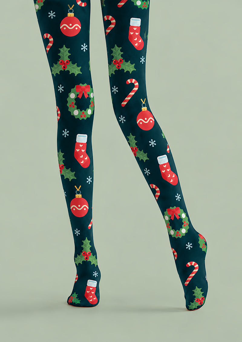 Christmas Bauble Holly Candy Cane Print Tights H610-14