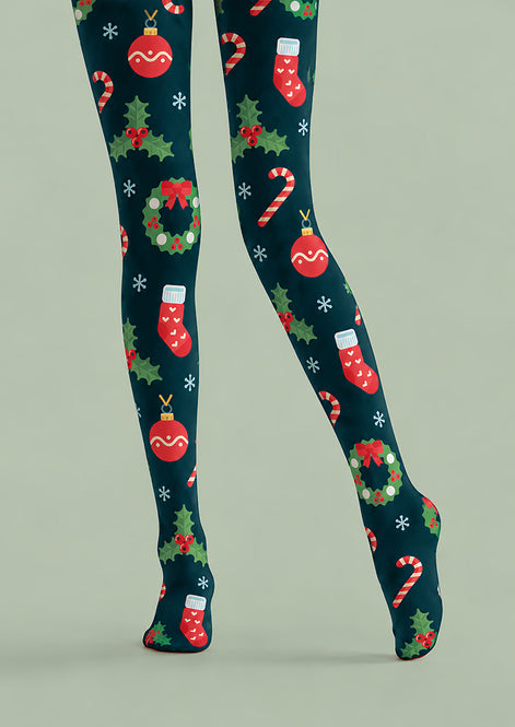 Christmas Bauble Holly Candy Cane Print Tights H610-14