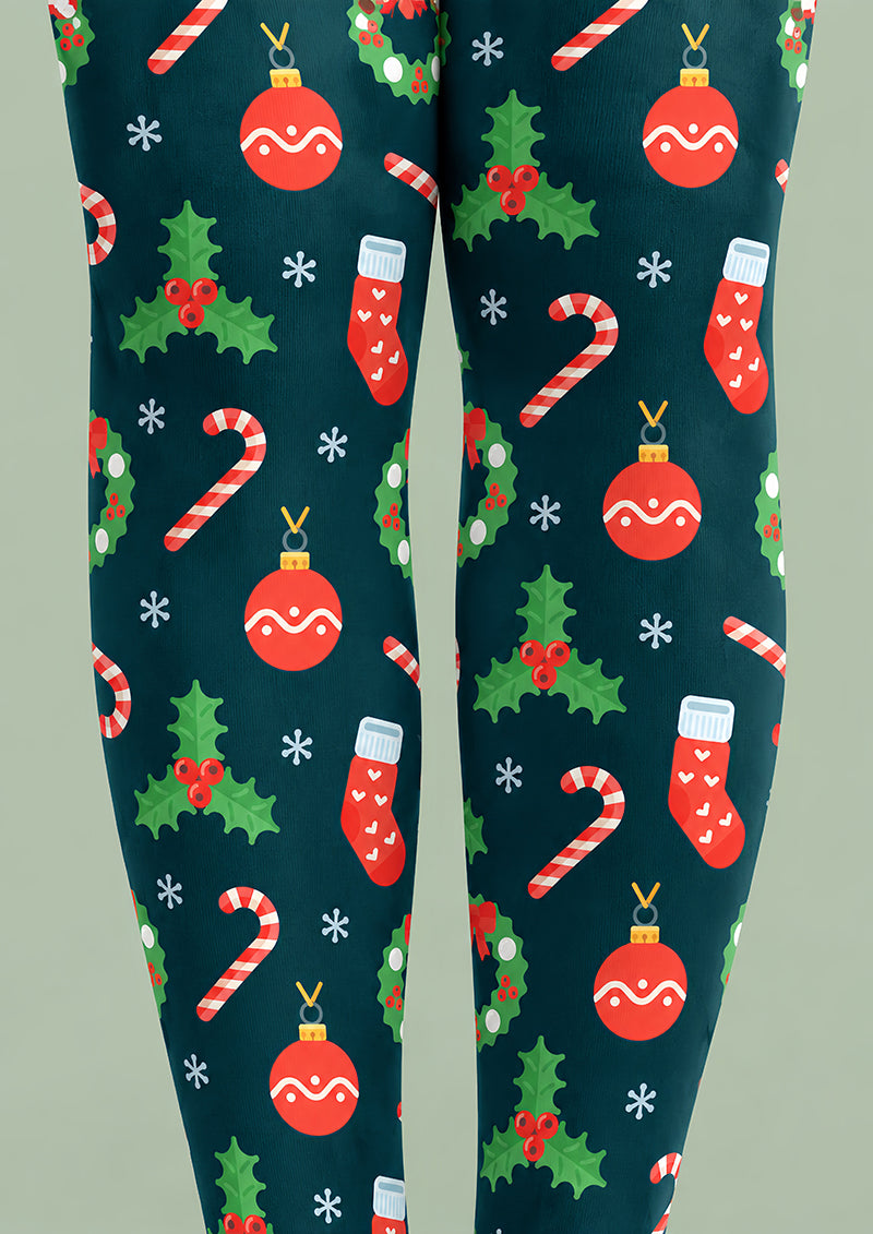 Christmas Bauble Holly Candy Cane Print Tights H610-14