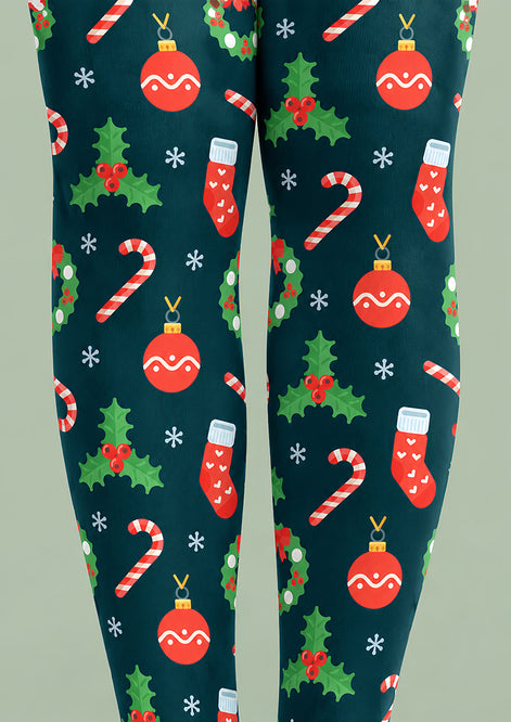 Christmas Bauble Holly Candy Cane Print Tights H610-14
