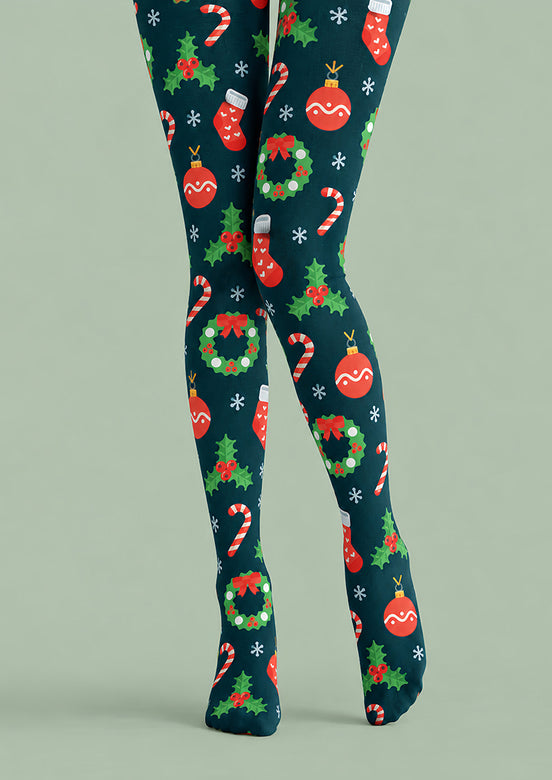 Christmas Bauble Holly Candy Cane Print Tights H610-14