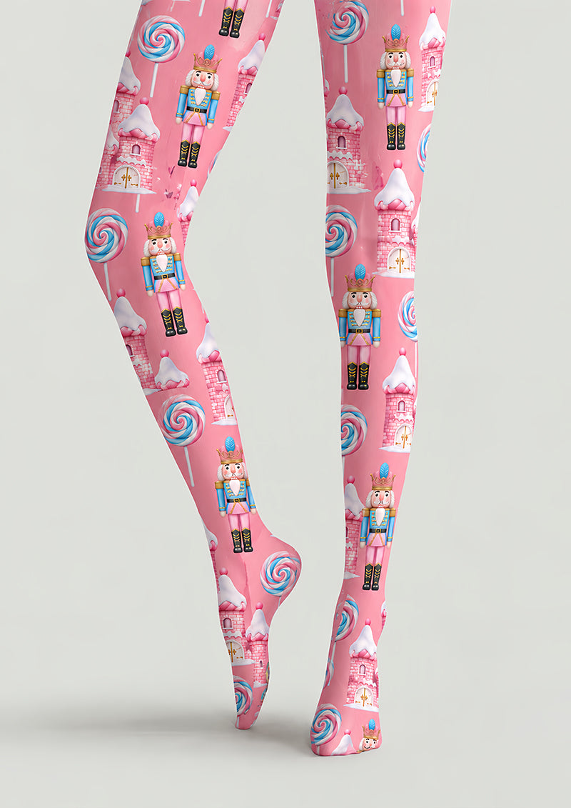 Pink Christmas Nutcracker Candy Castle Print Tights H610-15