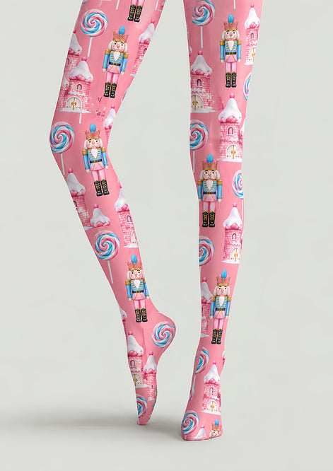 Pink Christmas Nutcracker Candy Castle Print Tights H610-15
