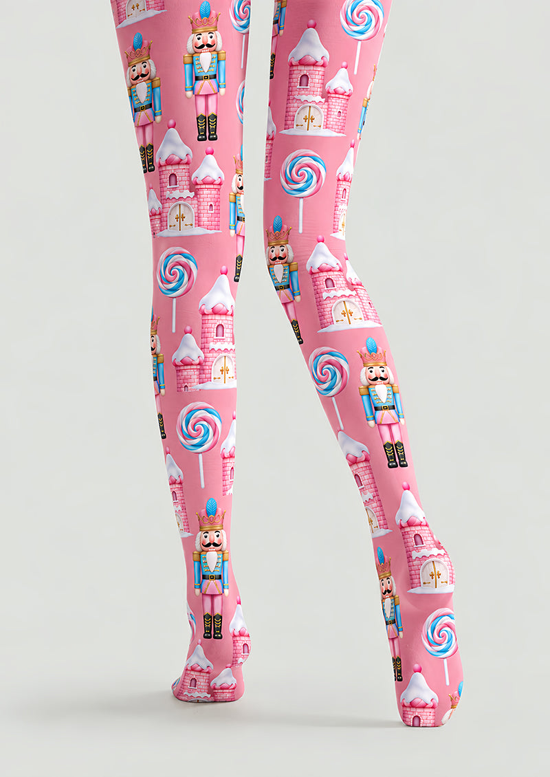 Pink Christmas Nutcracker Candy Castle Print Tights H610-15