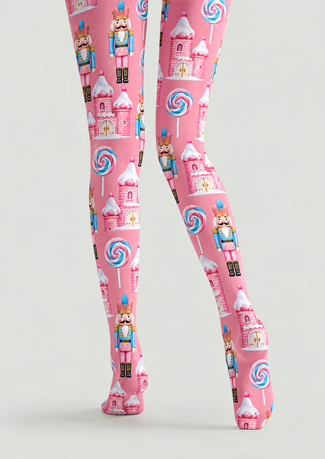 Pink Christmas Nutcracker Candy Castle Print Tights H610-15