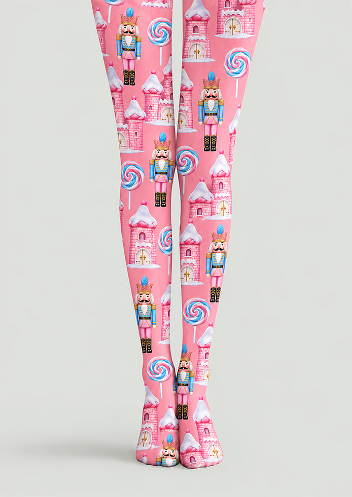 Pink Christmas Nutcracker Candy Castle Print Tights H610-15