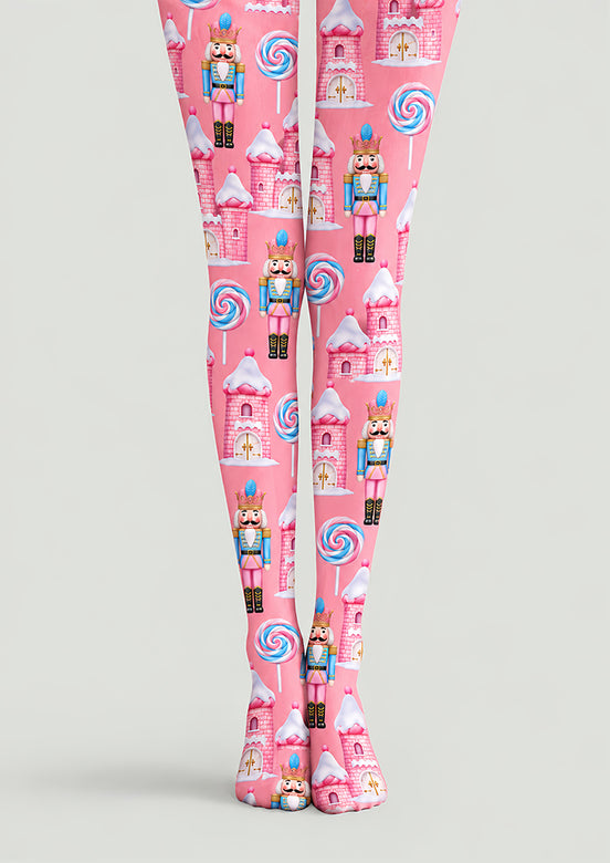 Pink Christmas Nutcracker Candy Castle Print Tights H610-15