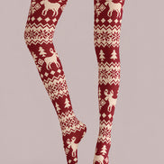 Burgundy Nordic Fair Isle Reindeer Print Tights H610-18