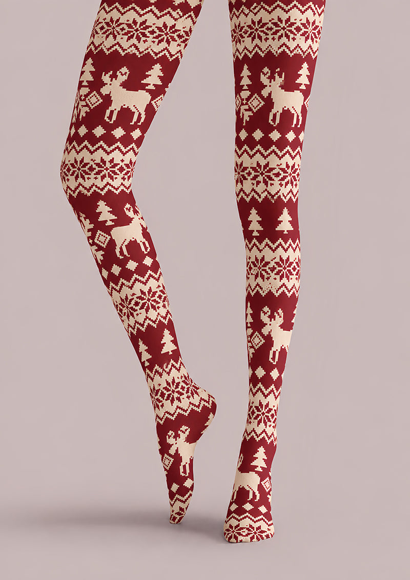 Burgundy Nordic Fair Isle Reindeer Print Tights H610-18