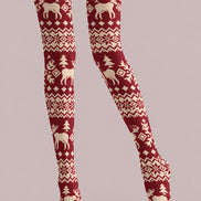 Burgundy Nordic Fair Isle Reindeer Print Tights H610-18
