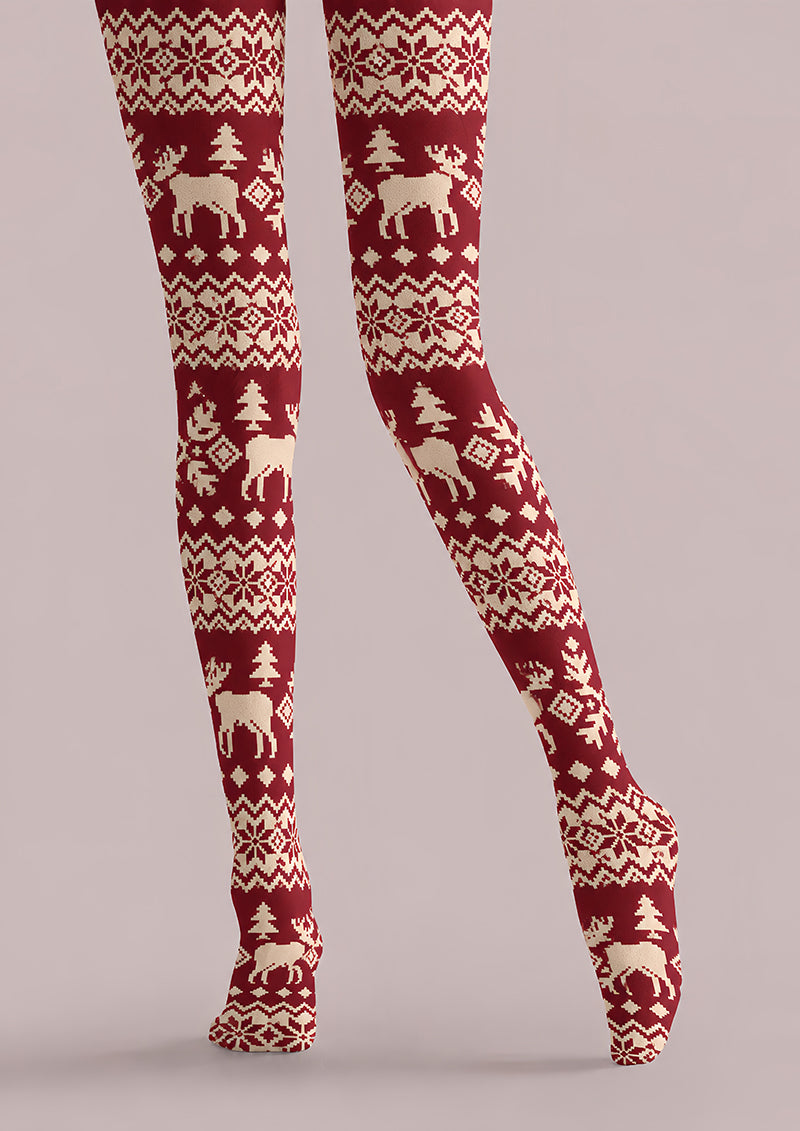 Burgundy Nordic Fair Isle Reindeer Print Tights H610-18