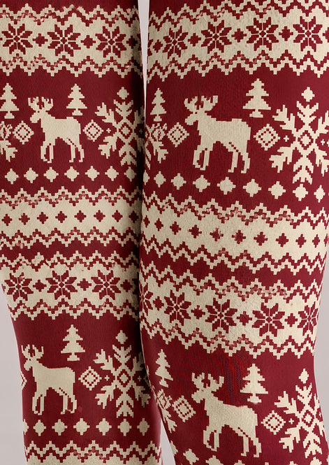Burgundy Nordic Fair Isle Reindeer Print Tights H610-18