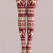 Burgundy Nordic Fair Isle Reindeer Print Tights H610-18
