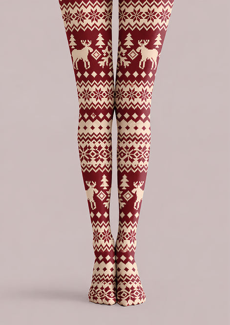 Burgundy Nordic Fair Isle Reindeer Print Tights H610-18