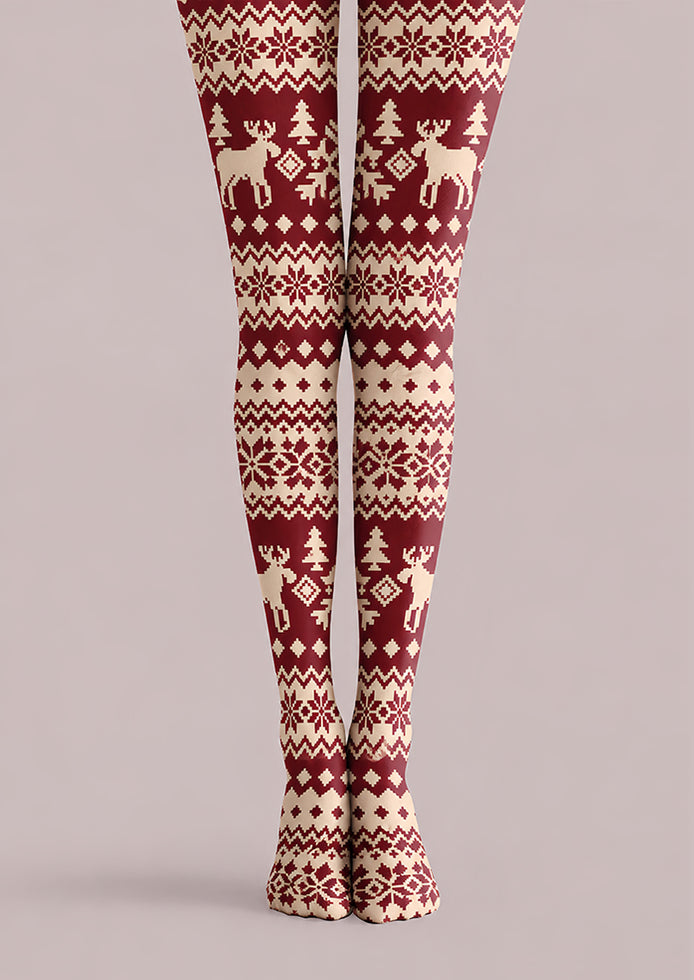 Burgundy Nordic Fair Isle Reindeer Print Tights H610-18