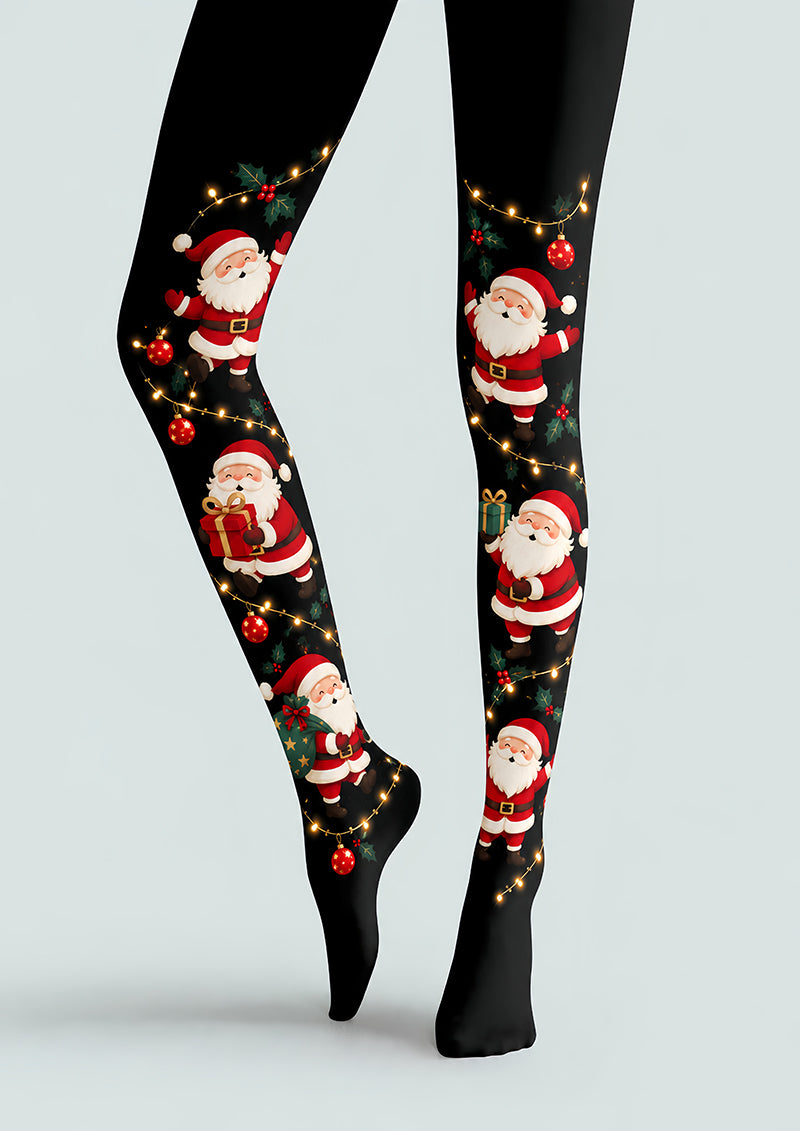 Black Santa Claus Christmas Graphic Print Tights H610-19