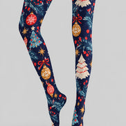 Navy Blue Christmas Tree Ornament Print Tights H610-20