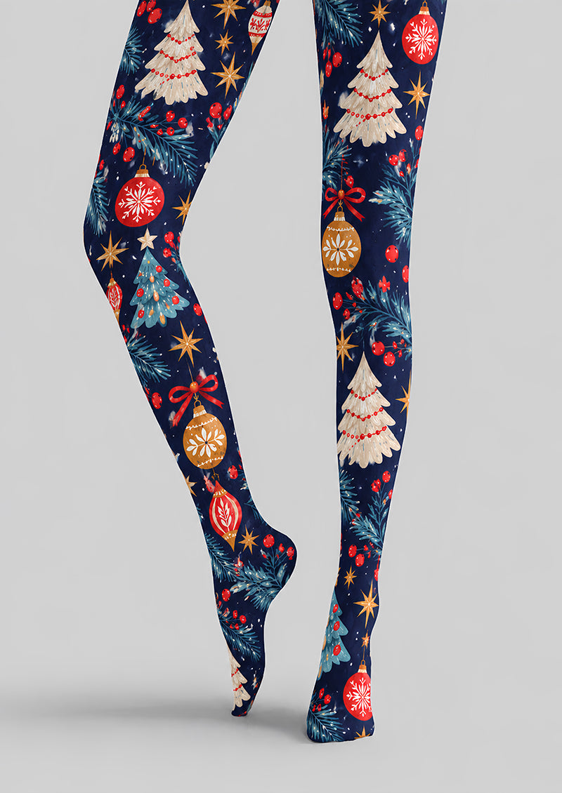 Navy Blue Christmas Tree Ornament Print Tights H610-20